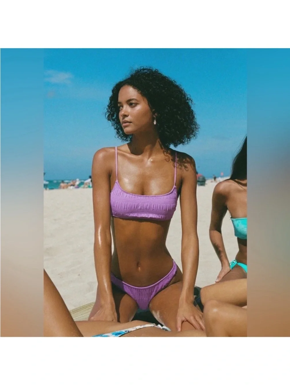 Triangl Swimwear Mica Scorch Bikini Swimsuit Set Purple Crinkle Smocked, S/M